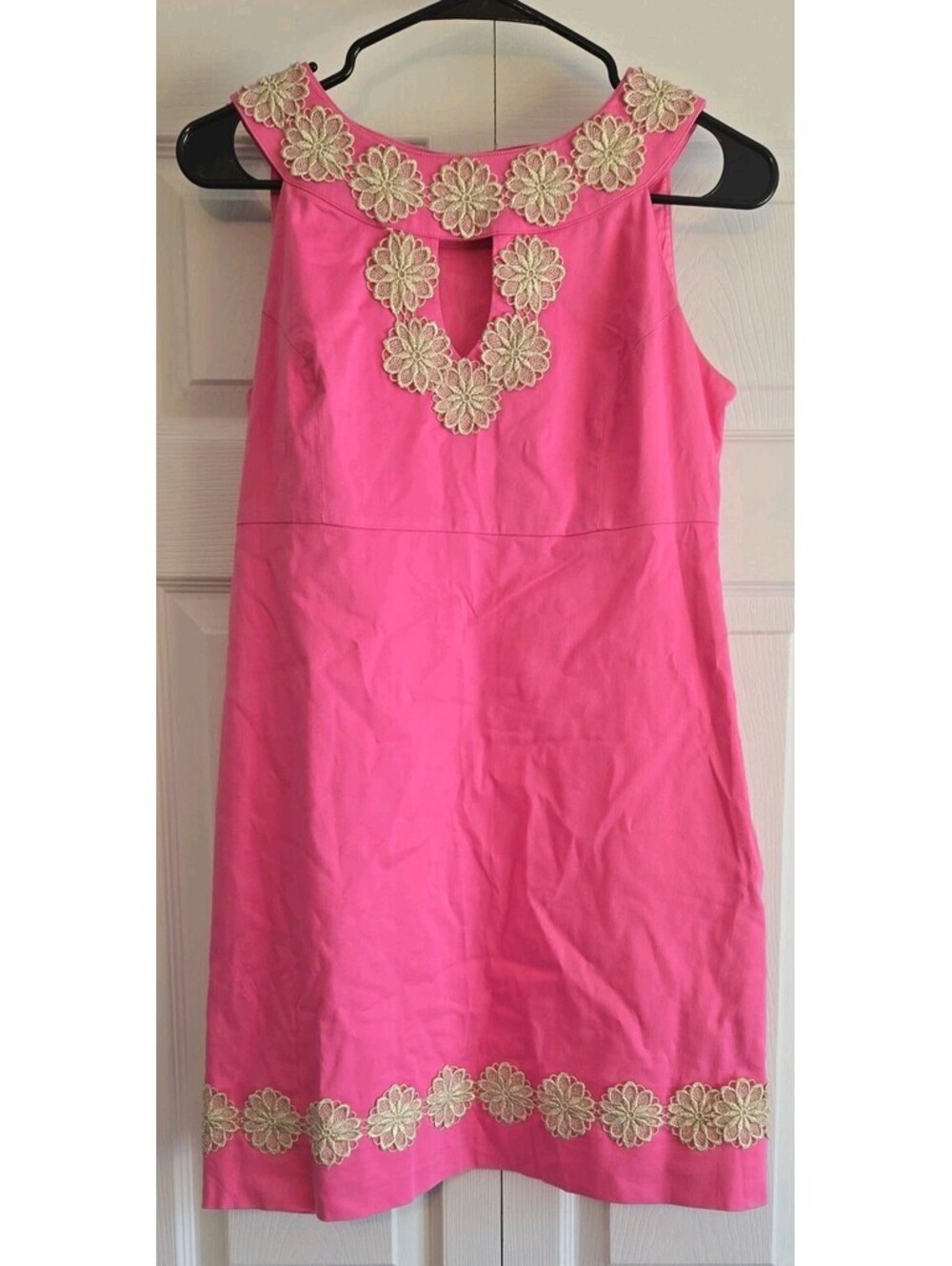 Lilly Pulitzer Hot Pink shift Dress Floral gold Summer Sz 2 Cotton keyhole